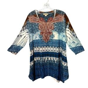 One World Blue Embellished Tunic Top Womens 2XL Boho Lagenlook Artsy Coastal